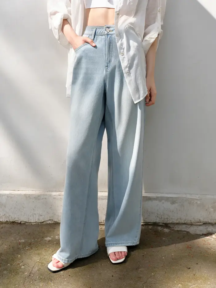 DUSHU jean de couleur claire été 2025 nouveau Style à la mode tout-match taille haute rayé couture pantalon droit 25DS82