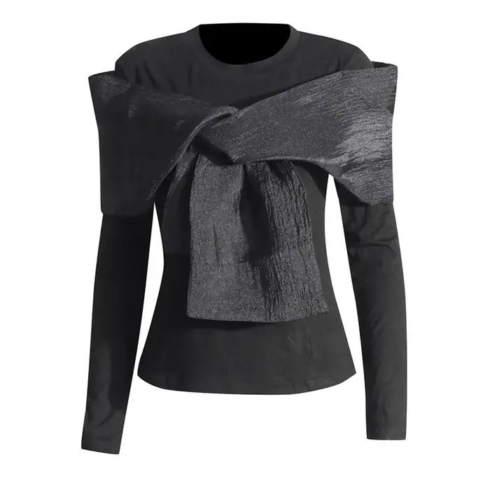 TWOTWINSTYLE Solide Patchwork Bowknot Minceur T-shirt Pour Les Femmes Col Rond À Manches Longues Minimaliste T-shirts