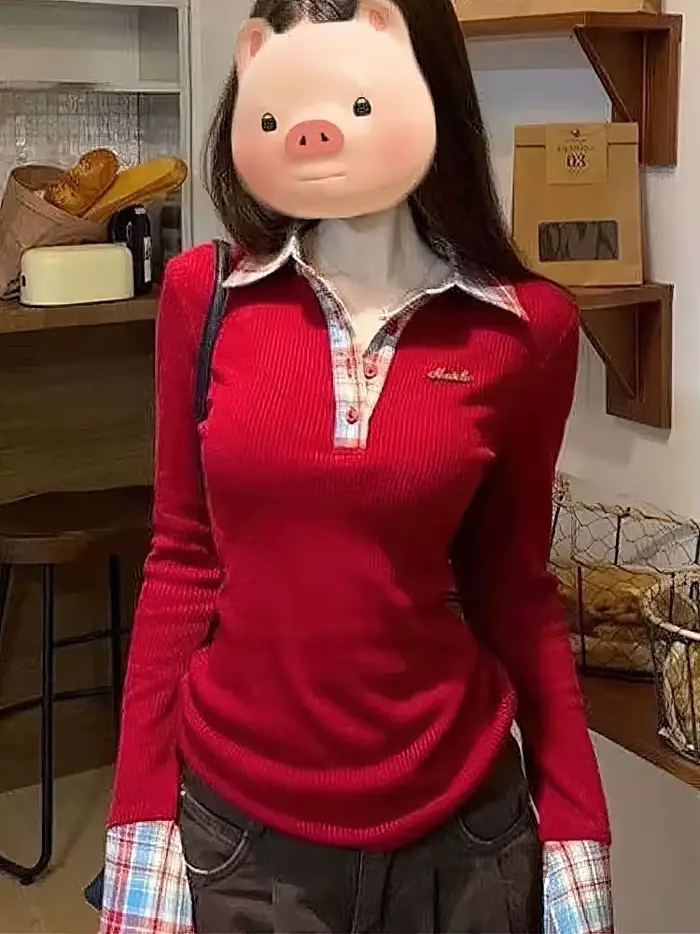 T-shirt à col polo à carreaux à manches longues pour femme