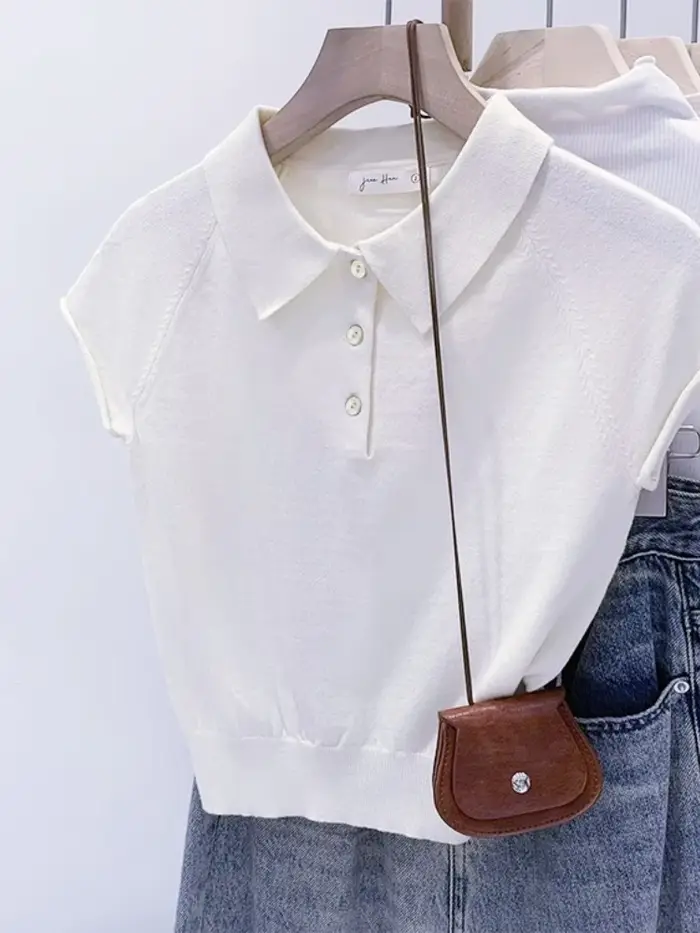 T-shirt en maille à col polo et manches courtes pour femme, gris uni, demi-boutons sur le devant, ex