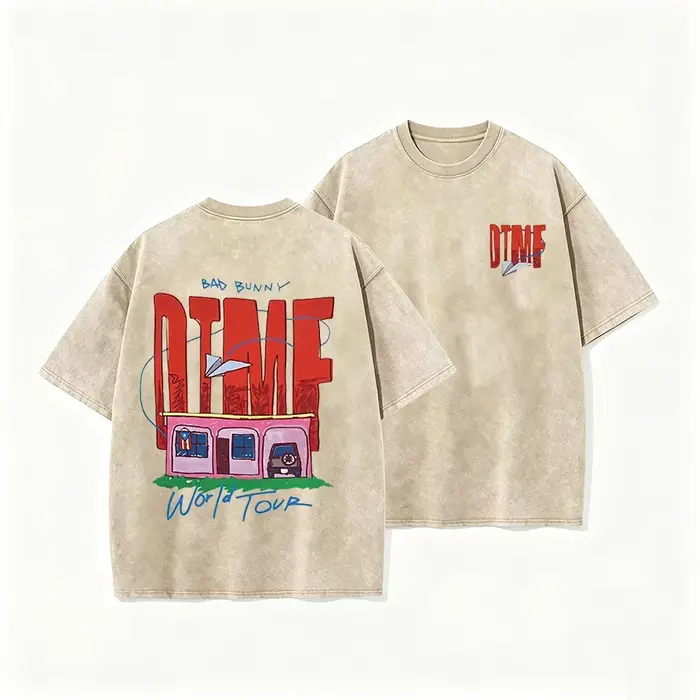 T-shirt vintage délavé beige 2026 Bad Bunny DTMF World Tour Graphic Tee unisexe décontracté streetwear