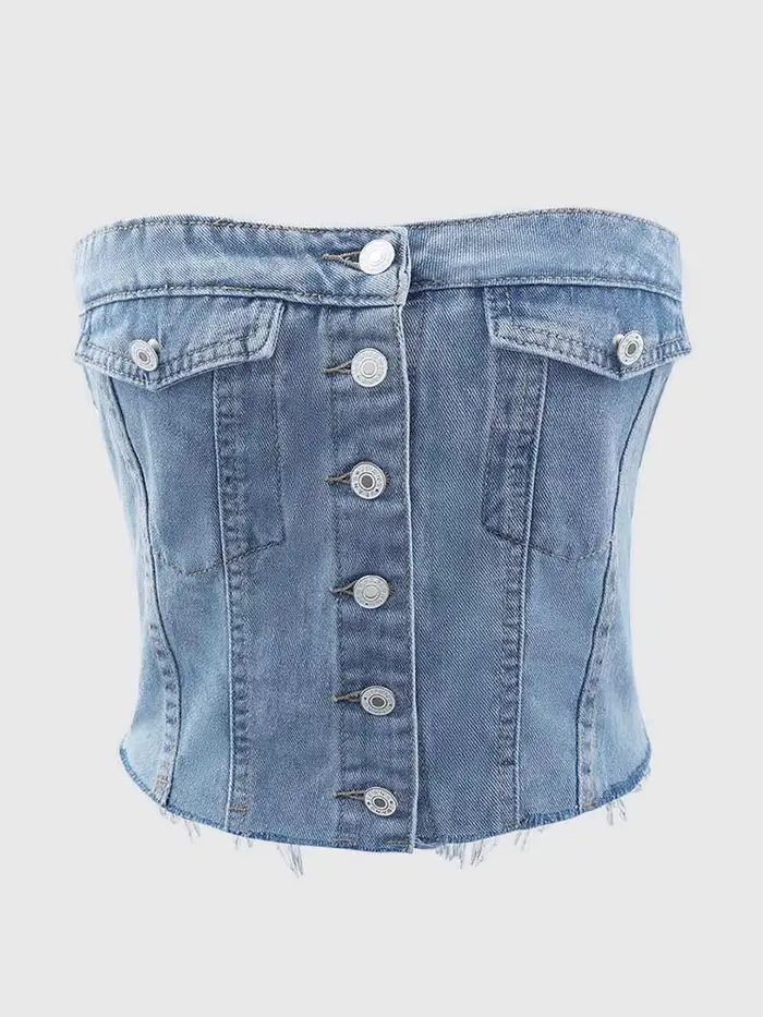 Haut court en denim sans bretelles pour femme, ourlet brut boutonné devant, banribJean, sortie en bo