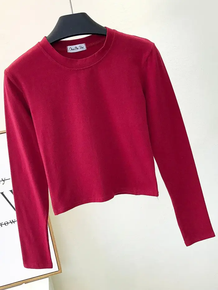 Vêtements en coton noir sexy pour femmes, col rond, manches longues, nombril, base d'automne, mode d