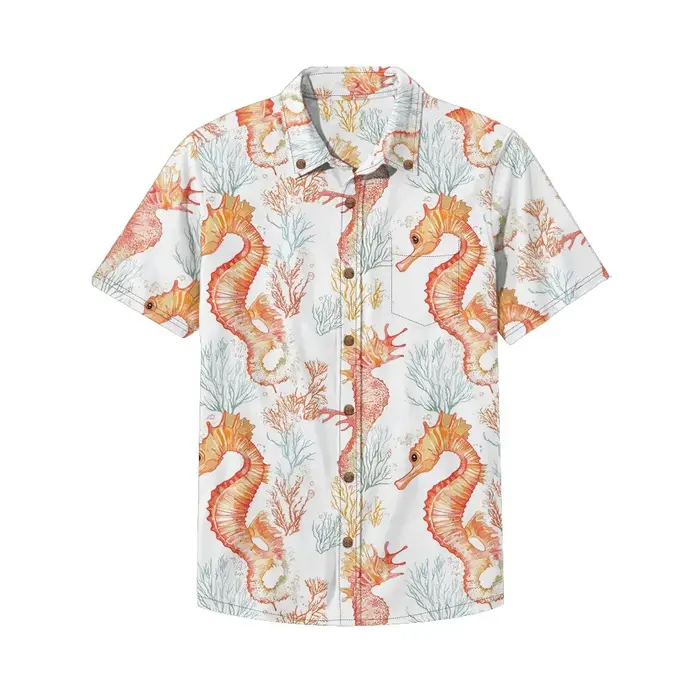 Chemise hawaïenne Aloha vibrante hippocampe et corail pour hommes