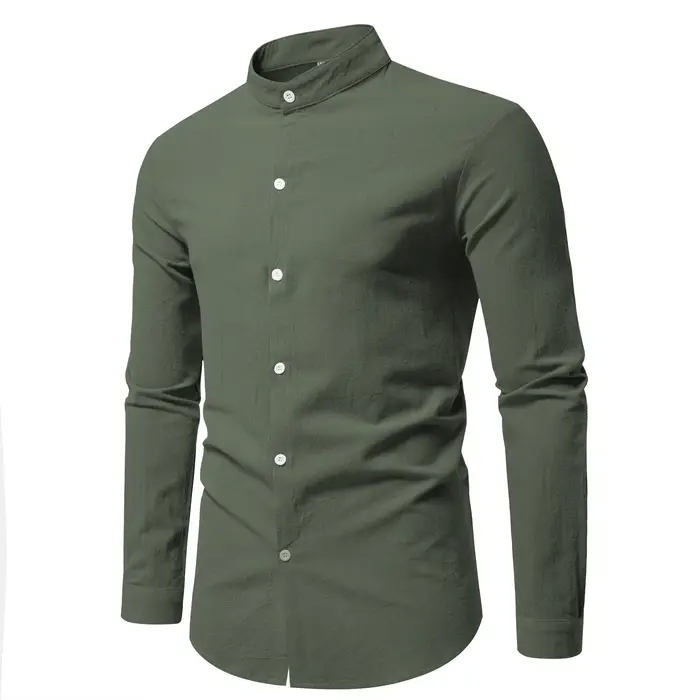 Printemps hommes à manches longues col montant couleur unie chemise décontractée hommes pur coton mo