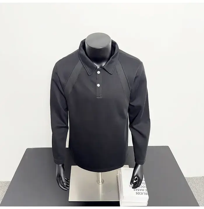 POLO américain décontracté pour hommes, couleur unie, revers, polyvalent, ample, manches longues, pu