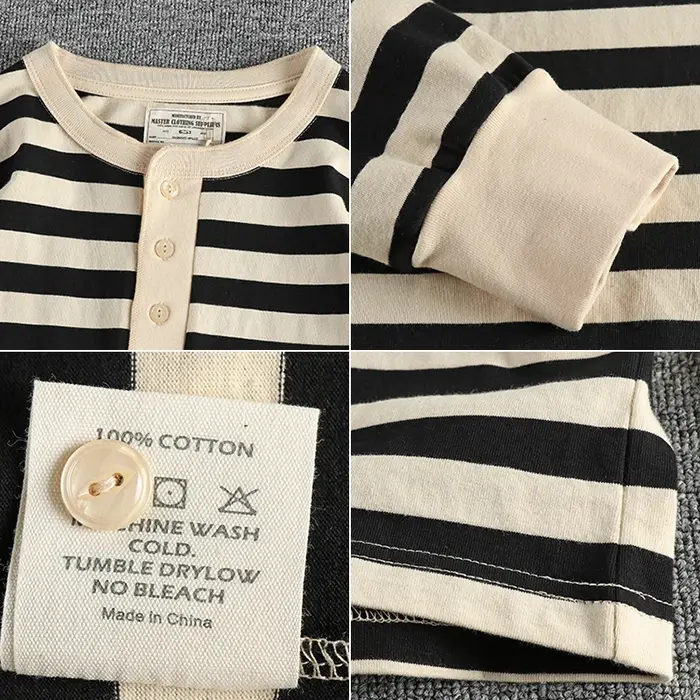 Automne américain rétro 230g poids lourd col Henry rayé T-shirt hommes mode 100% coton lavé décontracté ample résistant gars hauts