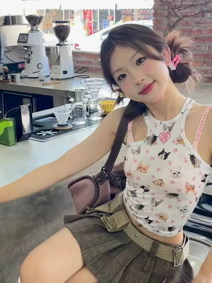 Ganayooa-Crop rétro imprimé chat vintage pour femmes