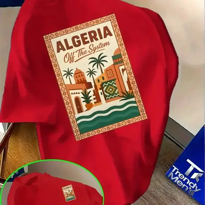 T-shirt rose à motif algérien pour hommes et enfants - Texte audacieux « Algérie » et design de paysage urbain