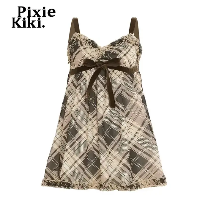 Débardeurs à carreaux marron pour femmes Gyaru Japanese 2000s Y2k Summer Bow Frill V Neck Backless Top Cute Clothing