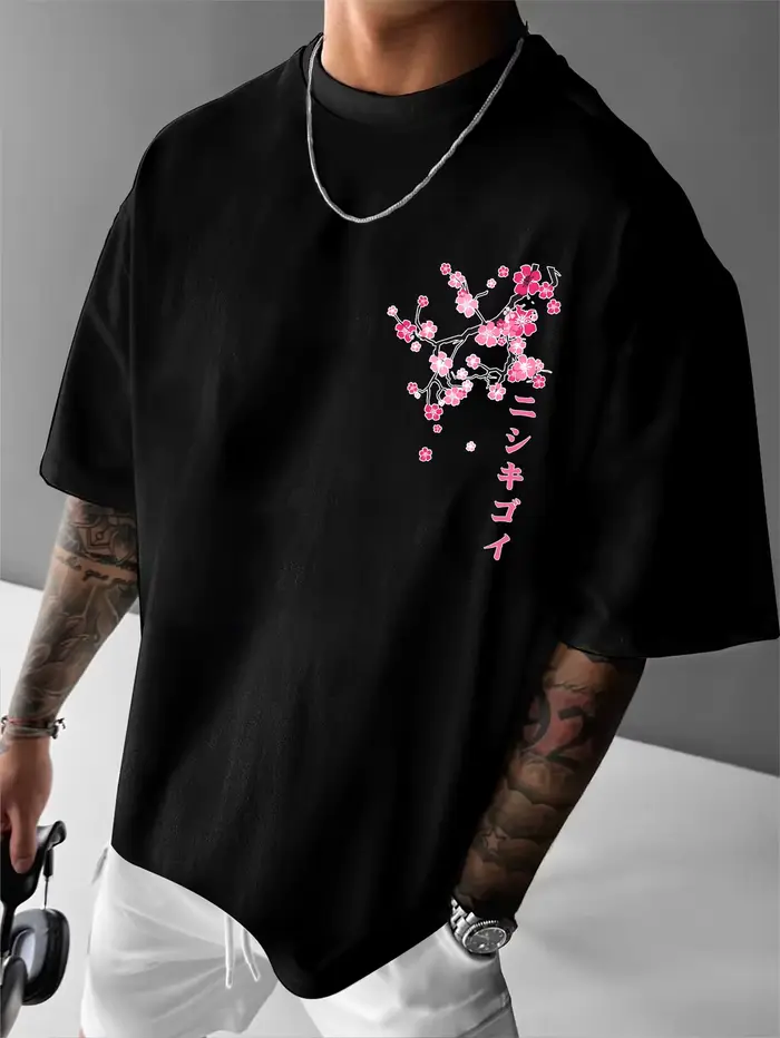 T-shirt à imprimé graphique Sakura et poisson Koi pour homme