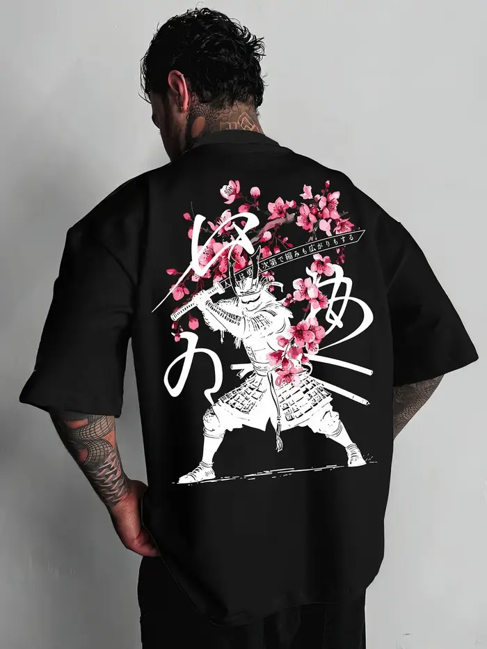 T-shirt imprimé couteau de samouraï japonais à fleurs de cerisier pour homme
