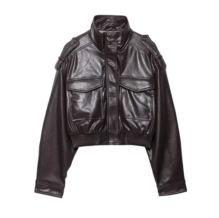 HH femmes Faux cuir recadrée veste vintage Bomber vestes avec poches à manches longues manteaux fermeture éclair pardess