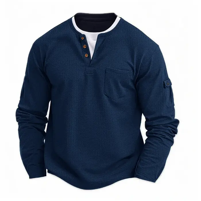 Homme nouveau bouton Henley col chemise à manches longues décontracté