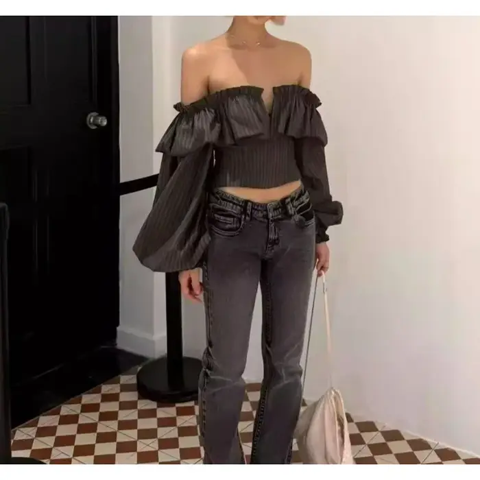 Chemisier Rétro Français Rayé à Manches Longues pour Femme – Tendance Automne