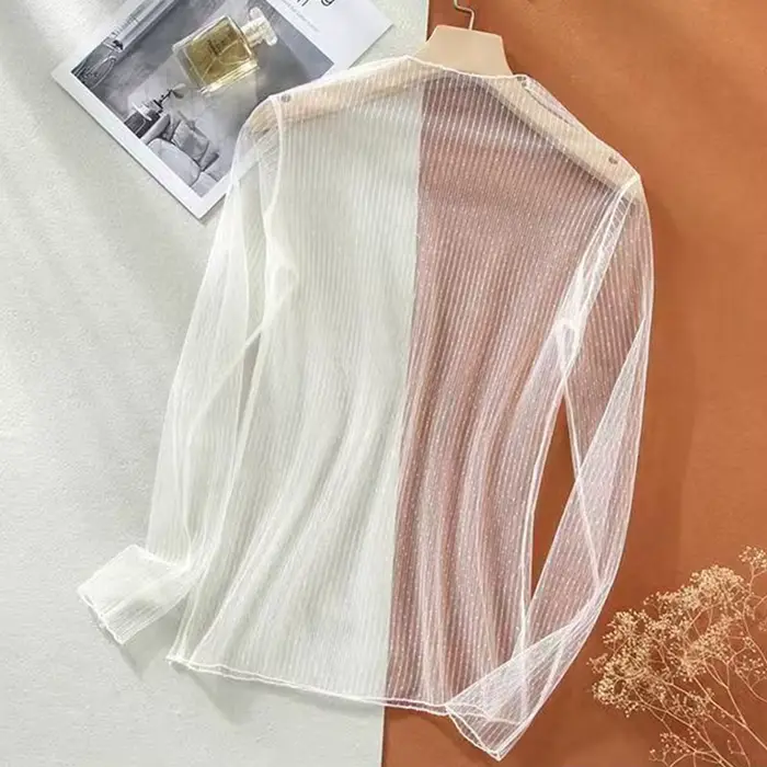 Sexy voir à travers les hauts femmes Transparent à manches longues dentelle T-shirt maille Tulles