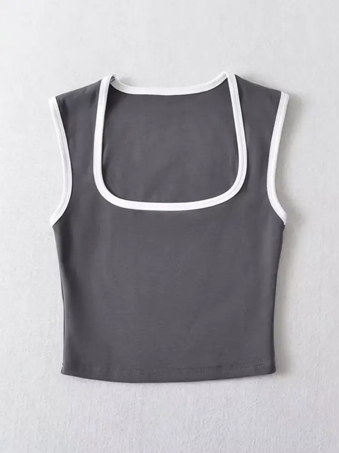 Débardeur sans manches pour femme, Slim, couleur contrastée, décontracté, col carré, haut court, vêt