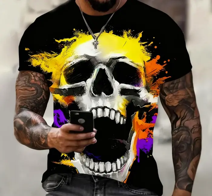 T-shirt d'été à manches courtes pour hommes, imprimé tête de mort en 3D, personnalisé, cool, punk ro
