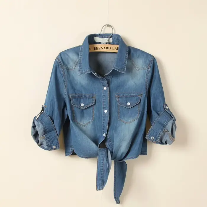 Chemise kimono en denim à manches courtes pour femmes
