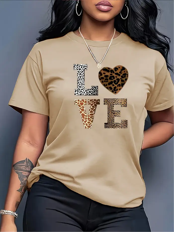Mode blanc "amour" motif coeur léopard T-shirt-décontracté col rond manches courtes T-shirt style décontracté