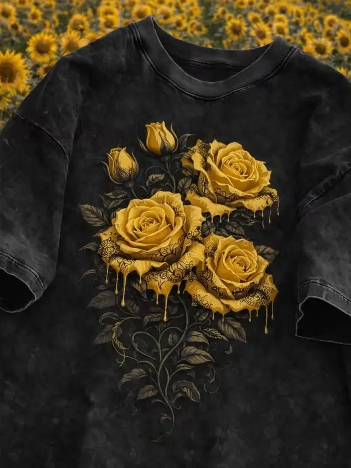 T-shirt noir imprimé rose graphique, délavé, style vintage, décontracté, ample, streetwear, usage qu