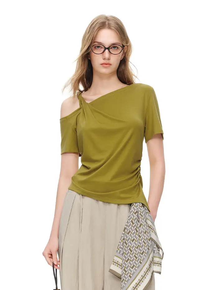 DUSHU T-shirt asymétrique à épaules dénudées pour femme, coupe irrégulière, été 2026, manches courte