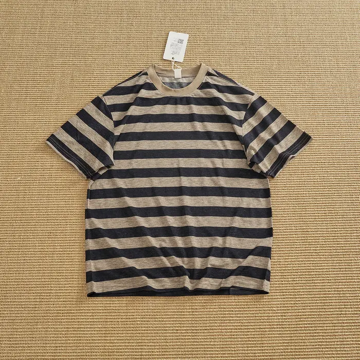 T-shirt rayé en Lyocell respirant pour homme, style rétro, à rayures larges contrastées, col rond, décontracté, à manches courtes