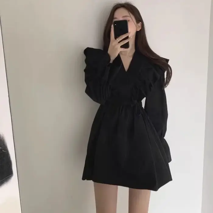 Femme robe à manches longues cravate élastique sensuel Sexy esthétique de haute qualité luxe épais chaud pas cher décontracté robes à volants pour les femmes