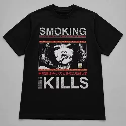 T-shirt graphique style manga rétro « Smoking Kills », toutes tailles S-4XL, en coton, haut de gamme