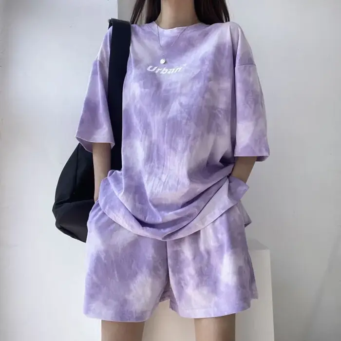 Femmes T-Shirt Shorts costume ensemble décontracté cravate colorant t-shirt ample et jambe large sho