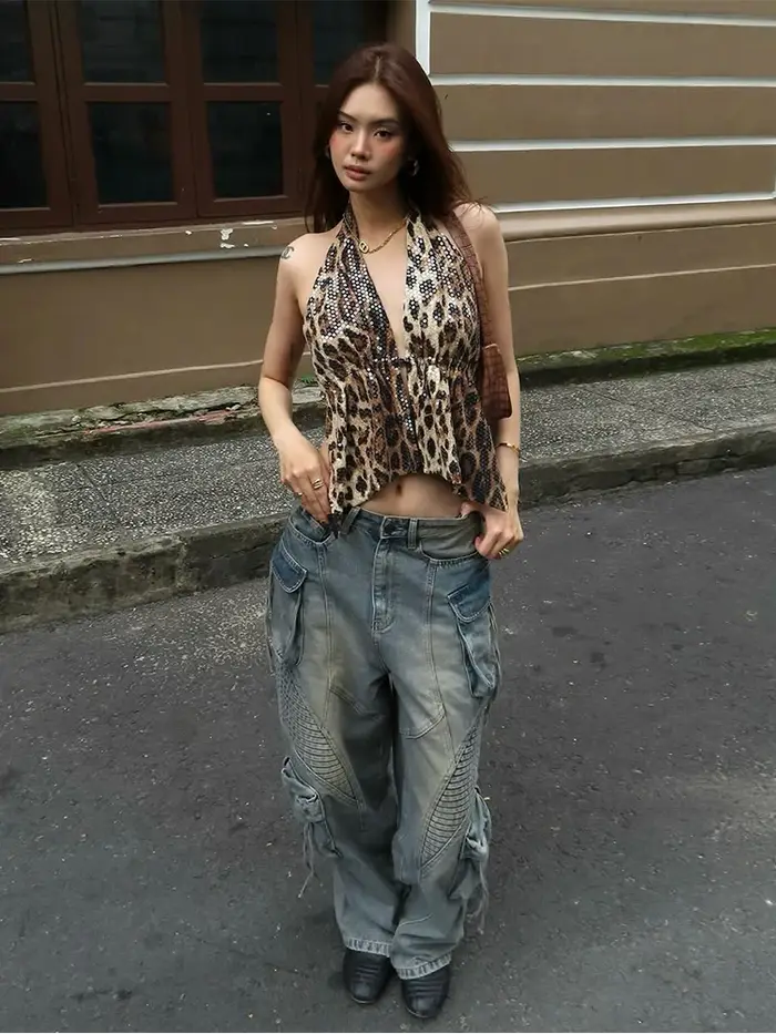 Nibber imprimé léopard paillettes femmes gilet dos nu licou col en v à lacets sans manches rue maigre sauvage été tendance polyvalent hauts