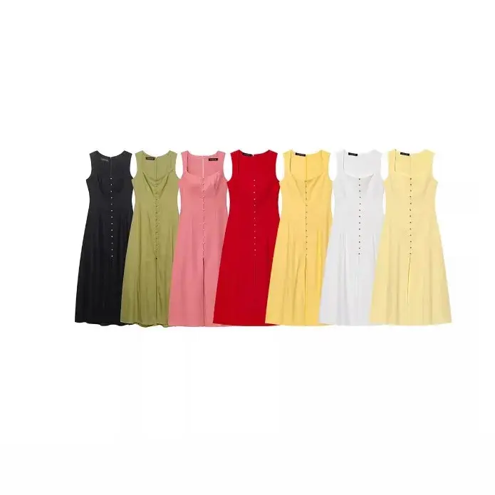 Robe longue élégante sans manches en lin uni à bouton unique