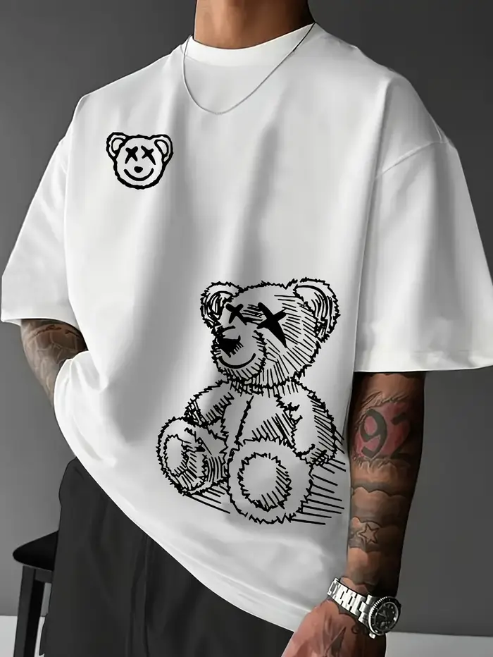 T-shirt de sport décontracté pour homme, ample et tendance, avec motif d'ours de dessin animé, col r