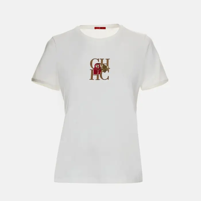 T-shirt col rond pour femme CH, broderie lettre, manches courtes, coton doux, coupe ajustée, tenue q