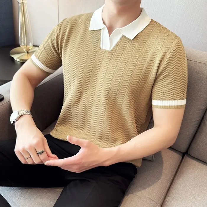 Mode nid d'abeille Texture contraste couleur t-shirts hommes tricotés polos été à manches courtes mince hauts élastique