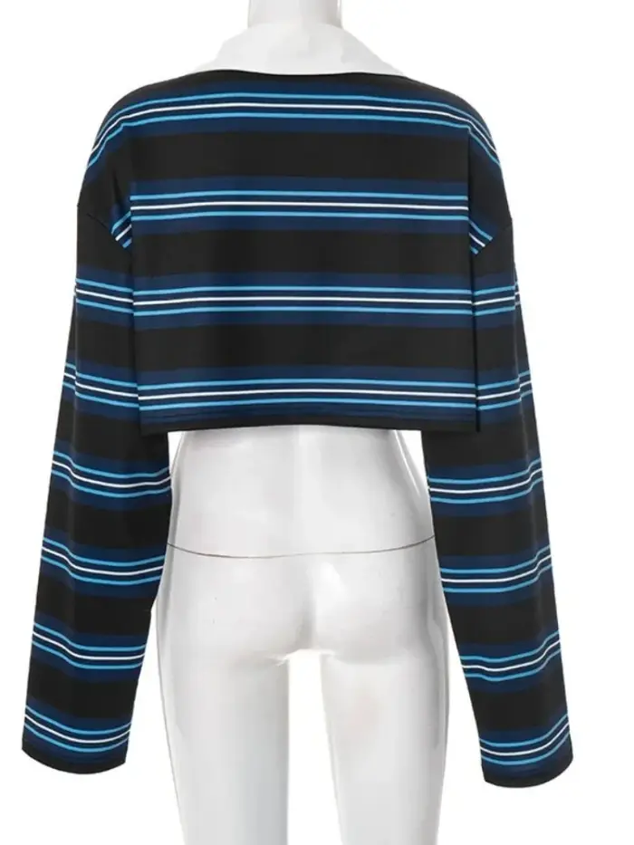 FDYOUI Chemises Polo Vintage Femme 2026 Rétro Manches Longues Rayées Crop Tops Streetwear T-shirt Décontracté pour Dames Vêtements de Sport Golf