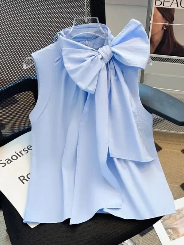 Chemise sans manches avec nœud blanc français pour femmes, gilet ample, haut d'été