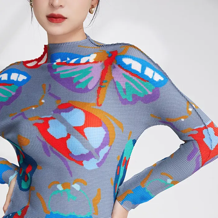 Vente chaude plissé artisanat haut femmes mode imprimé Blouse élastique à manches longues T-Shirt