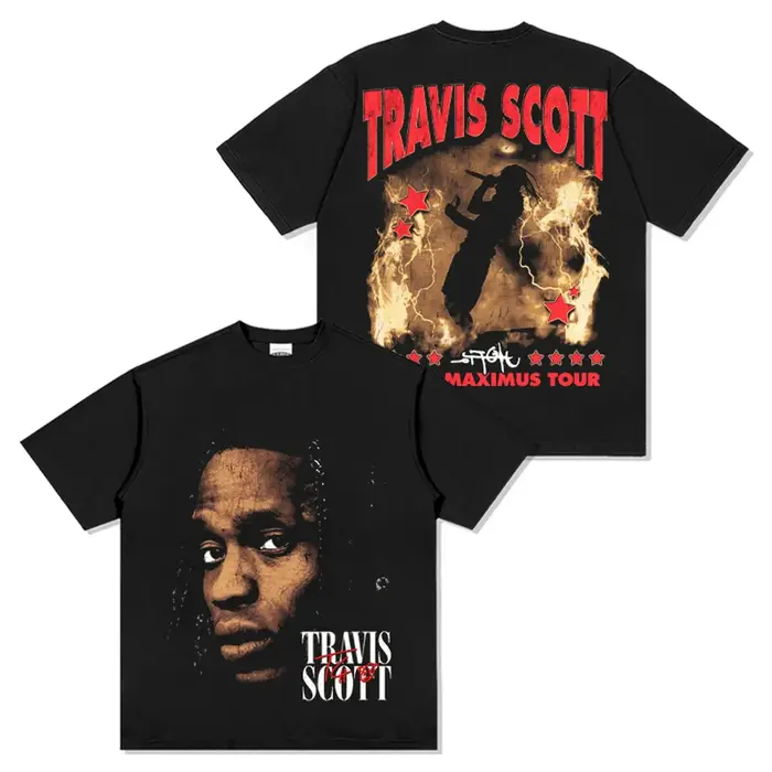 T-shirt Travis Scott Maximus Tour Hip Hop Rapper Vintage à imprimé graphique en coton à manches cour