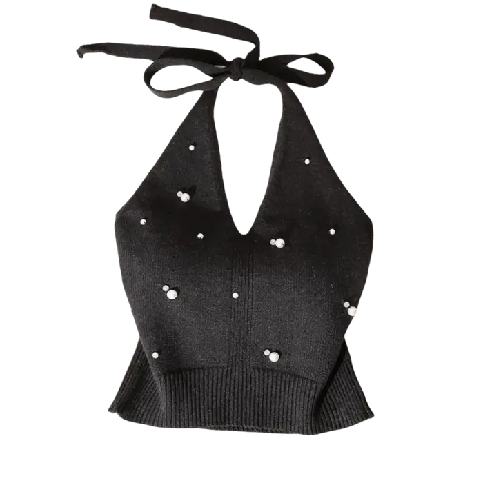 Gilet sans dos en tricot avec perles françaises