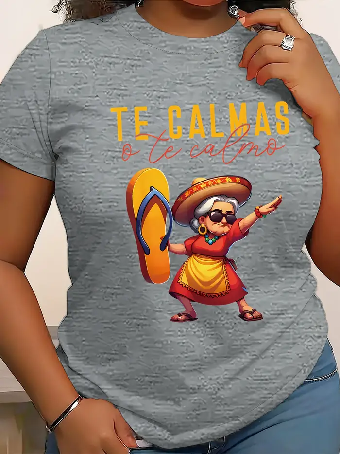 Mexican Mama Print T-Shirt pour femme – Haut décontracté à manches courtes et col rond en tissu tricoté en polyester