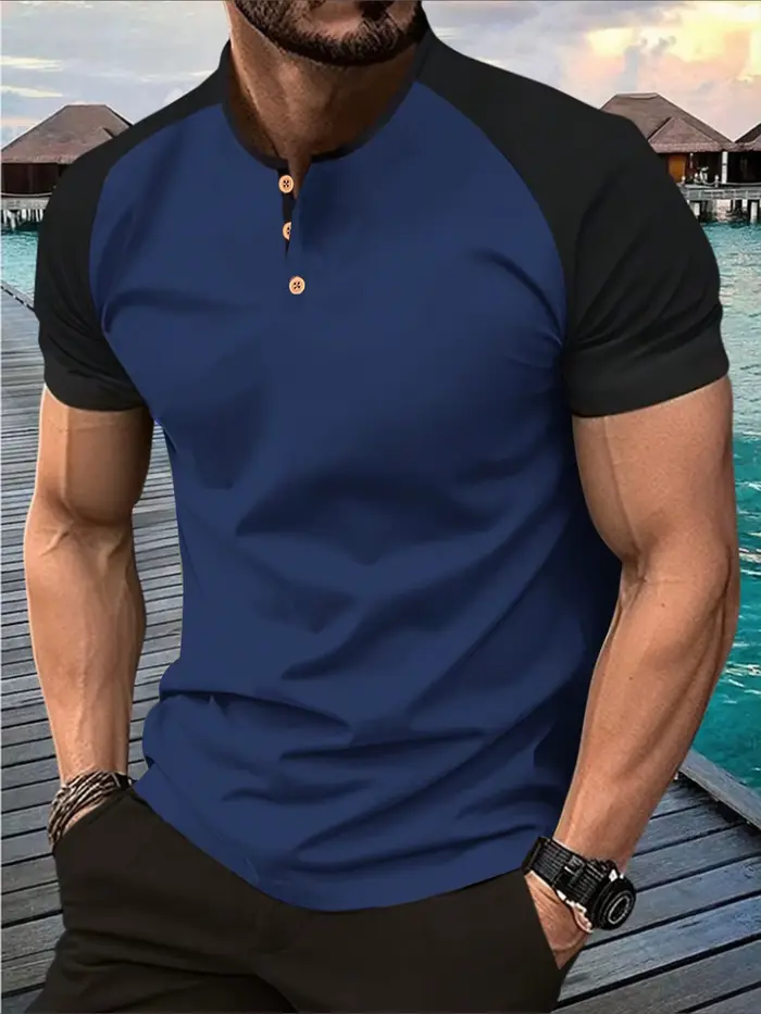 T-shirt Henry pour hommes, couleur contrastée, manches Raglan décontractées, boutons marron, Design 