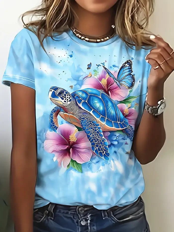 T-shirt bleu clair pour femme - Imprimé tortue bleue et hibiscus