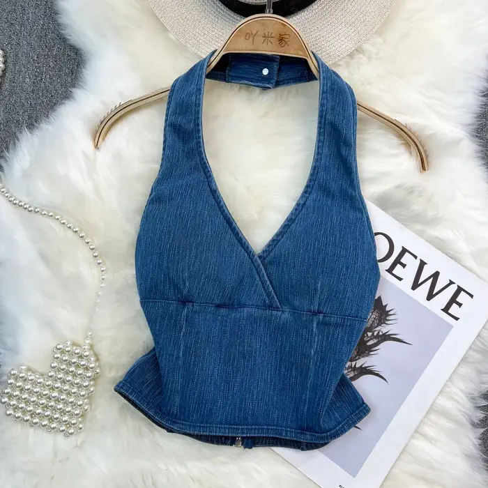 Précieux haut en jean pour femmes, épaules dénudées, dos nu, streetwear, été, col en v, mode, livraison directe
