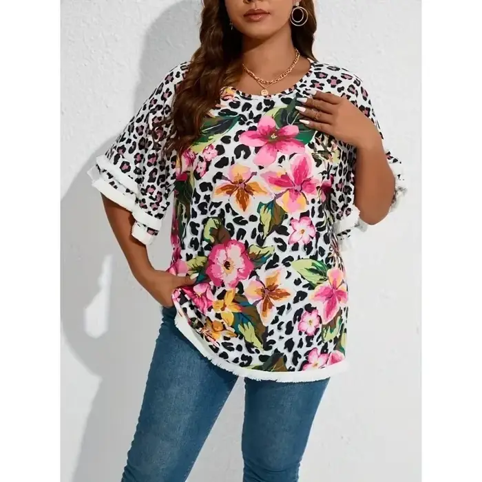 T-shirt à manches à volants en dentelle pour femmes