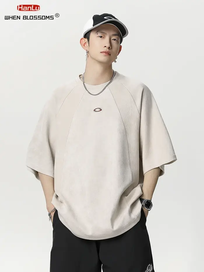HANLU nouvel été hommes daim T-shirt broderie Vintage Hip Hop surdimensionné
