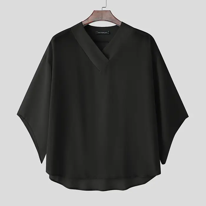 INCERUN hommes t-shirt couleur unie col en V demi manches surdimensionné mâle t-shirt hauts Streetwe