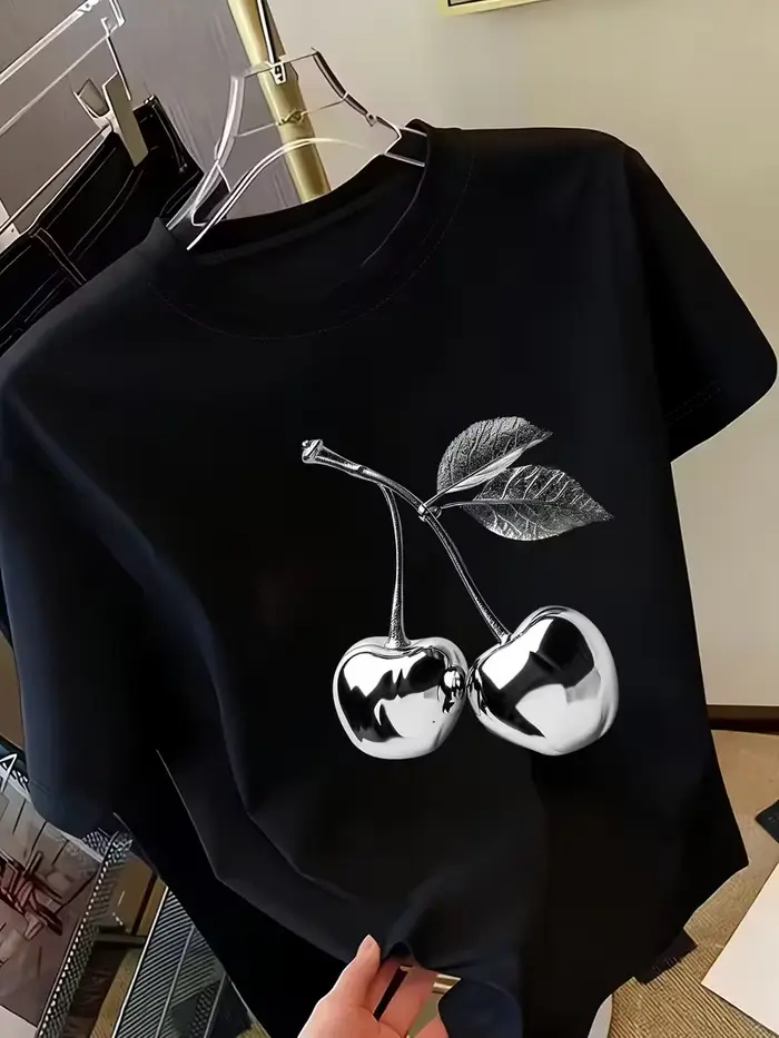 T-shirt à manches courtes pour femme imprimé cerise dorée