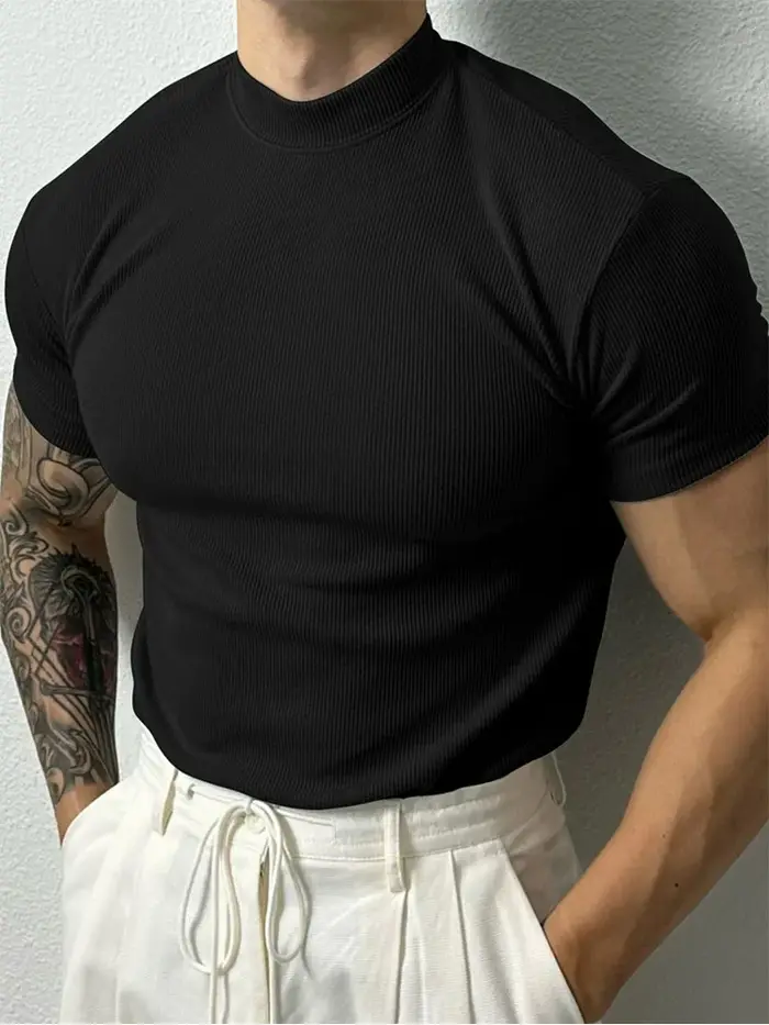 Nouveau T-shirt homme tendance 2026 – Haut de sport à col montant rayé, manches courtes, idéal pour 