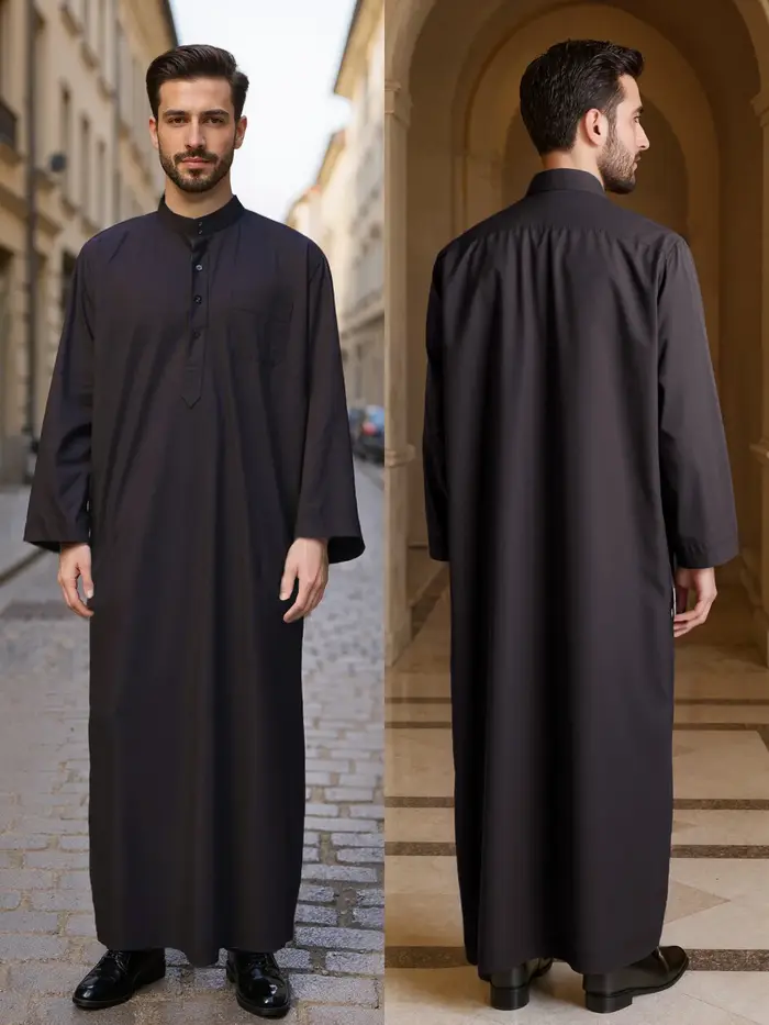 Robe longue pour homme en polyester, style Qatar, col montant, avec poches, vêtements pour hommes ar
